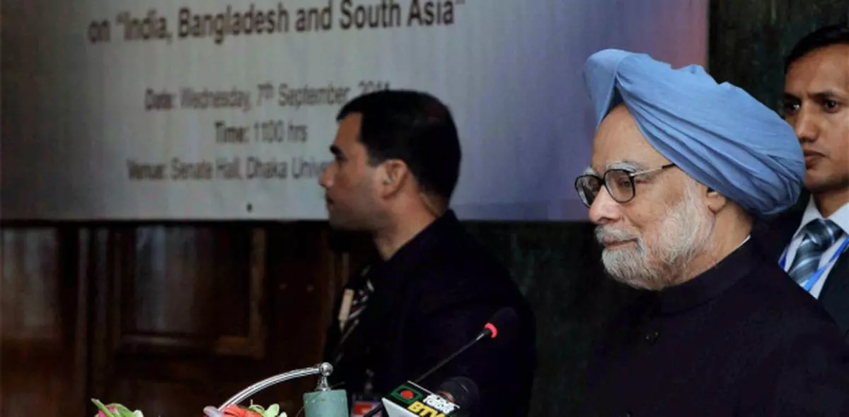 The Prime Minister, Dr Manmohan Singh, speaking on ’India, Bangaladesh and South Asia’ at Dhaka University in Dhaka on Wednesday. — PTI
