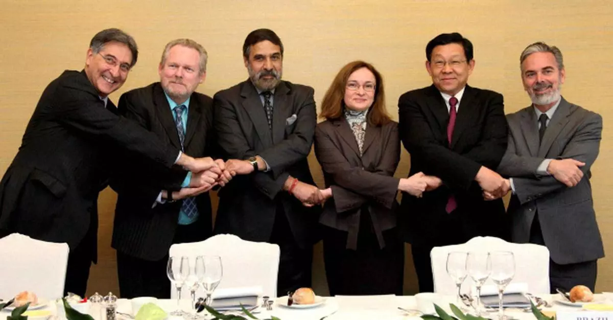 To take on commitments: The Union Minister for Commerce and Industry and Textiles, Mr Anand Sharma, with his counterparts from BRICS (Brazil, Russia, China and South Africa) countries, at the BRICS Ministerial meeting on the sidelines of the 8th Ministerial Conference of WTO in Geneva.