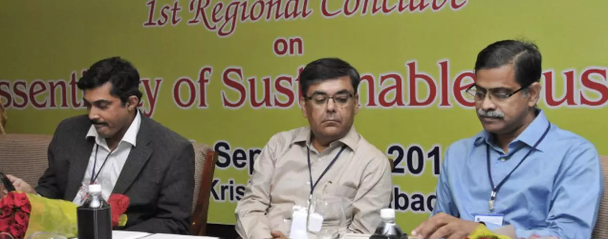Sustainable business: N. K. Nanda, (left), Vice-President, Global Compact Network India (GCNI) and Director (Technical), National Mineral Development Corporation; D. R. S. Chaudhary, Secretary, Ministry of Steel, at the regional conclave on ‘Essentiality of Sustainable Business’ in Hyderabad on Tuesday. On the right is M. Narayana Rao, CMD, Midhani. — P. V. Sivakumar