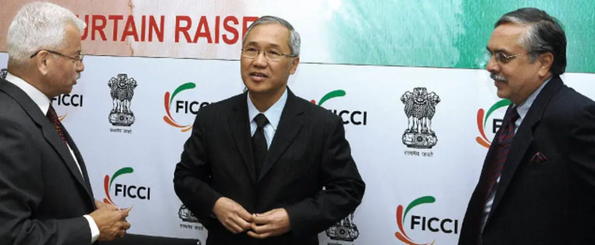 Optimistic outlook: Rajeev Kher, Additional Secretary, Ministry of Commerce; Pisan Manawapat, Ambassador of Thailand in India; A Didar Singh, Secretary General; at a press conference on the curtain raiser of the '2nd India-ASEAN Business Fair (IABF) and Business Conclave' in the Capital on Monday. – Photo: Kamal Narang