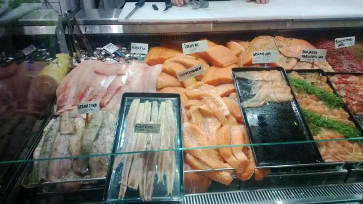 Different varieties of fish at the Kauppahalli market. Photo: Rasheeda Bhagat