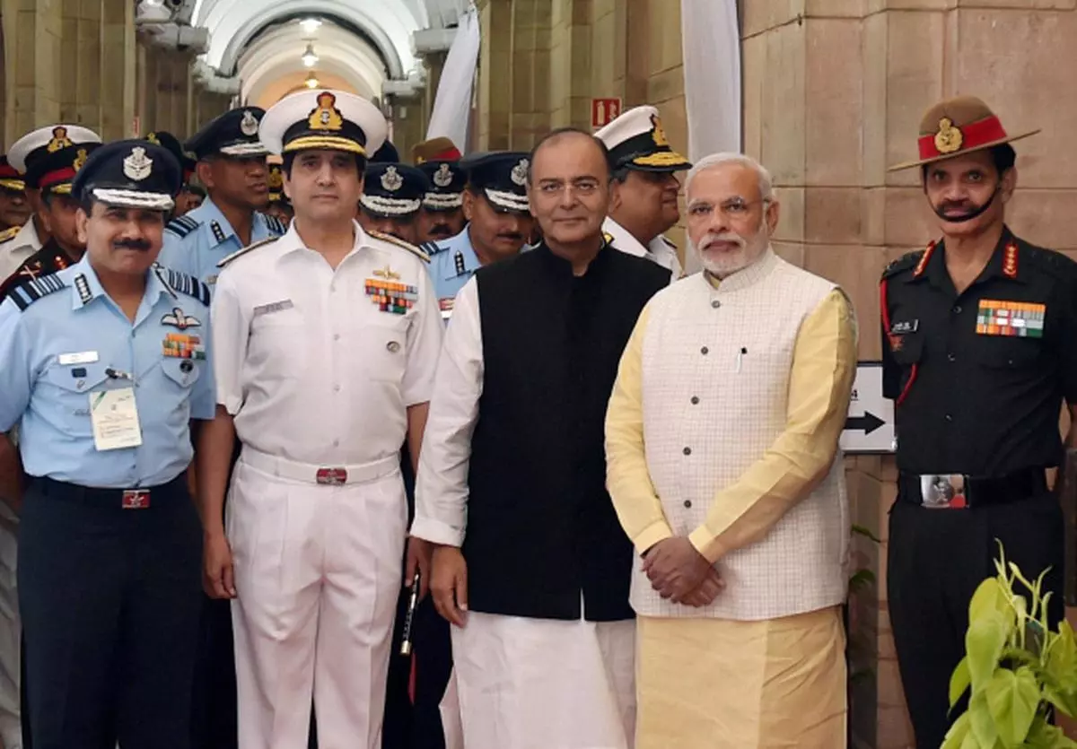 Prime Minister Narendra Modi with (from left) Navy Chief Admiral RK Dhowan, Air Chief Marshal Arup Raha, Defence Minister Arun Jaitley and Army Chief General Dalbir Singh Suhag. during the Annual Combined Commanders Conference of the Armed Forces in New Delhi on Friday. PTI