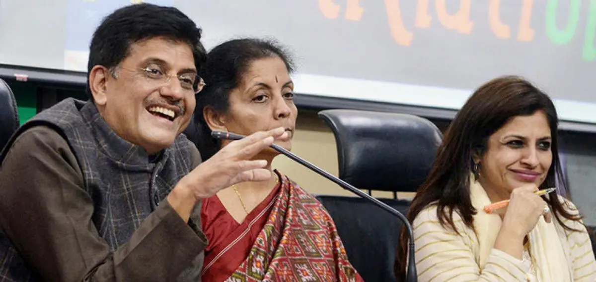 Target AAP: Union Ministers Piyush Goyal and Nirmala Sitharaman, and BJP leader Shazia Ilmi at a press meet in Delhi on Monday SUSHIL KUMAR VERMA