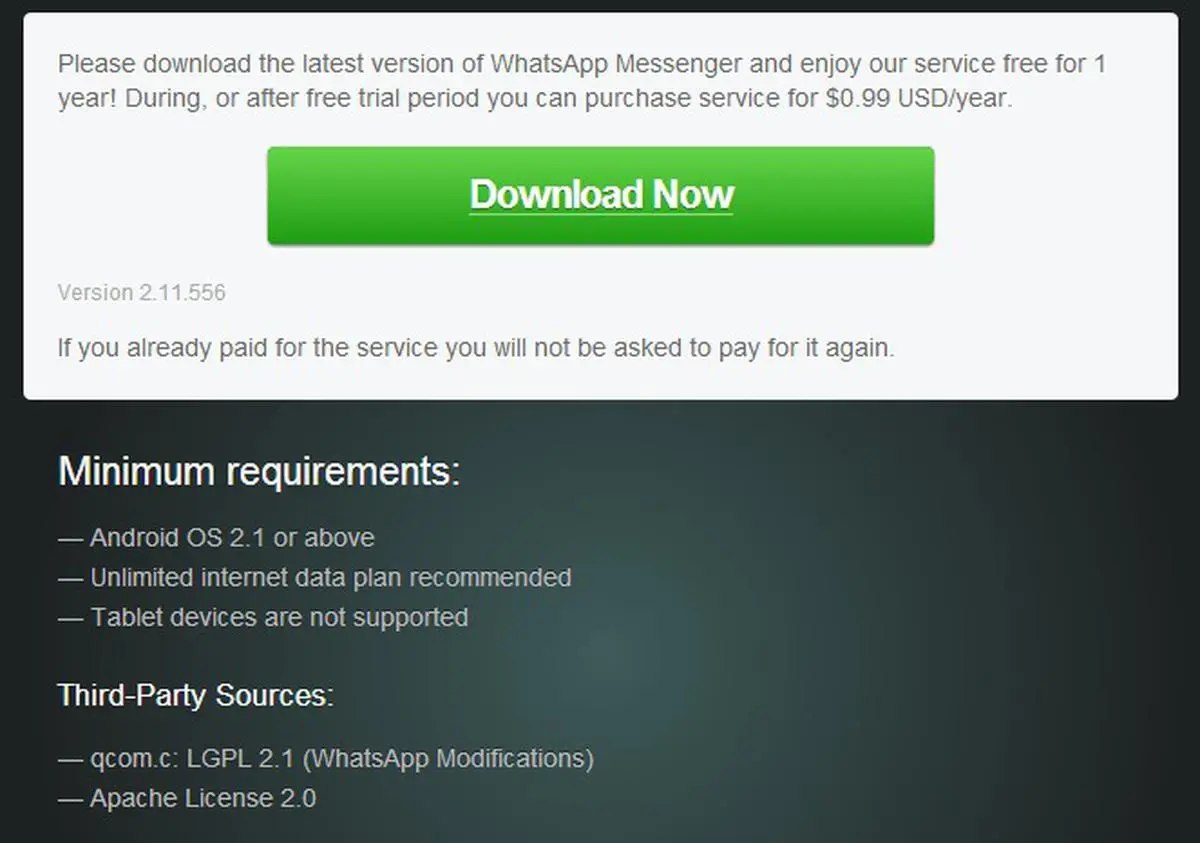 Latest version. Www WHATSAPP com Android официальный сайт. Download the latest Version from the. QCOM.C: LGPL 2.1 (изменения WHATSAPP).
