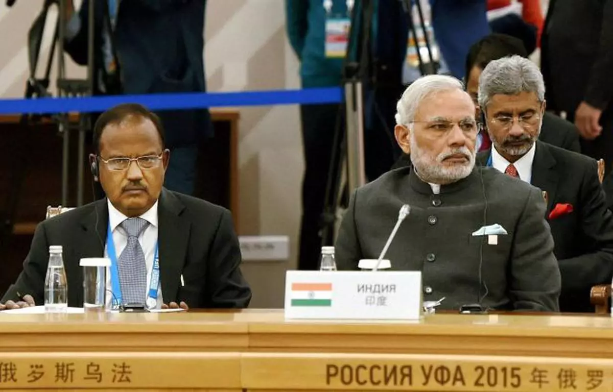 Prime Minister Narendra Modi and NSA Ajit Doval during the plenary session of Council of Heads of State of the Shanghai Cooperation Organisation (SCO) at UFA in Russia