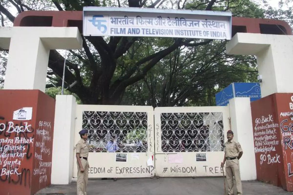 Security personnels keeping vigil outside the Film and Television Institute of India on Thursday. Photo by Mandar Tannu 