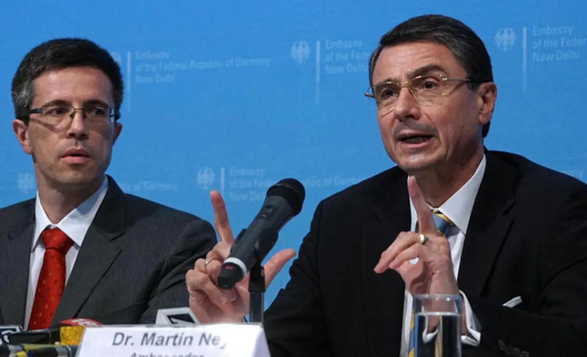 German Ambassador Martin Ney (right) addressing a press conference on the visit of German Chancellor Angela Merkel in New Delhi on Thursday. Also seen is Andreas Lang of Press Department Sandeep Saxena