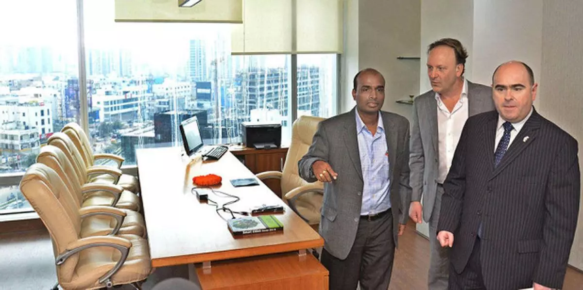 Andrew McAllister, British Deputy High Commissioner, flanked byJustin Anderson (right), CEO of Flexeye and Chair of Hypercat; andSrinivas Chilkuri, MD of Flexeye, in Hyderabad - Photo: NAGARA GOPAL