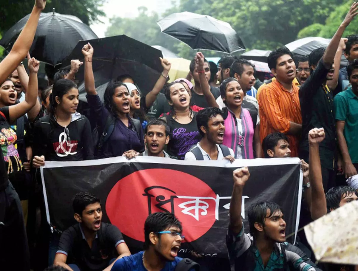 Up in arms: A 2014 photo shows students of Jadavpur University outside the governor’s residence, demanding action against police excesses on campus.