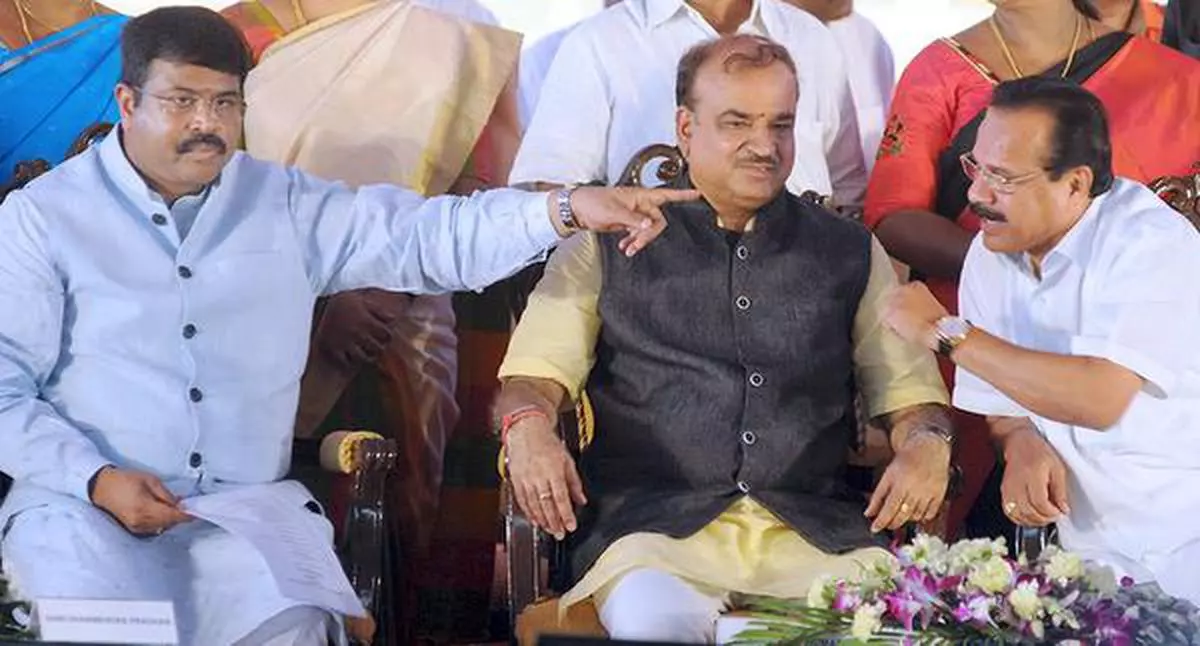 (Left to right) Minister of State for Petroleum and Natural Gas Dharmendra Pradhan, Union Ministers Ananth Kumar and Sadananda Gowda during the inauguration of the Bengaluru City Gas Distribution project, on Sunday