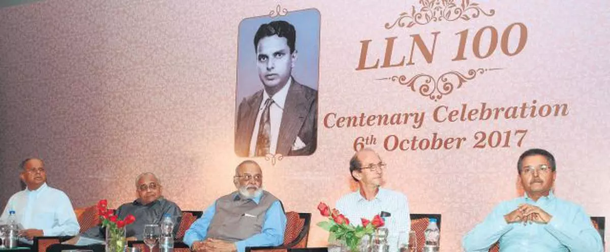 (From left ) L Lakshman, Chairman Emeritus, Rane Holdings; N Sankar, Chairman, Sanmar Group; Abhay Firodia, Chairman, Force Motors; Michel Danino, Writer, Researcher and Historian, and L Ganesh, Chairman of the Boardand MD, Rane Holdings, at the centenary celebration of L L Narayan, former Chairman of the Rane Group, in Chennai on Friday. - BIJOY GHOSH