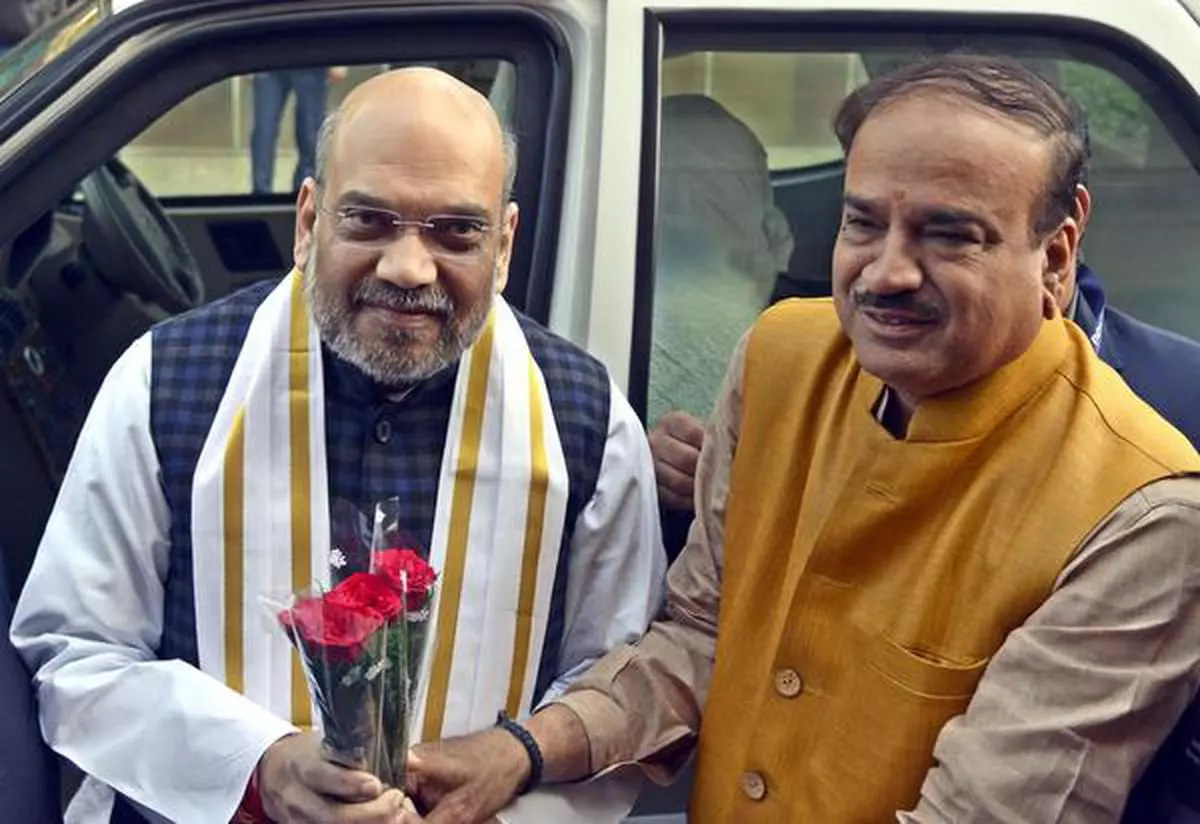 BJP president Amit Shah being welcomed by Parliamentary Affairs Minister Ananth Kumar, soon after his arrival to attend the Winter Session of Parliament, in New Delhi on Friday. Photo: V Sudershan
