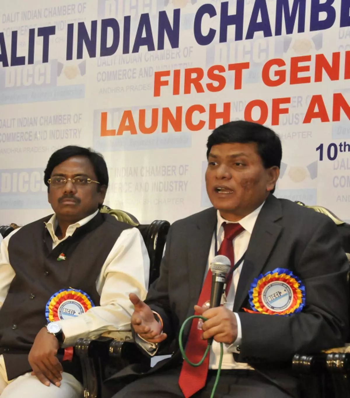 Mr Milind Kamble, founder-Chairman of the Dalit Indian Chamber of Commerce and Industry, at the launch of the Hyderabad Chapter in the city on Tuesday. At left is Mr G. Vivekanand, MP. - Photo: P. V. Sivakumar