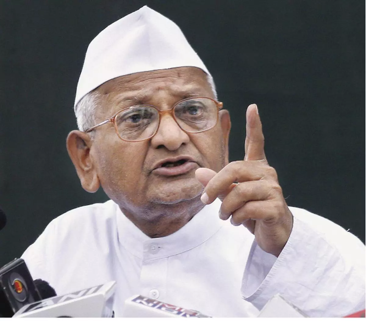Move to wiping out corruption: Social activist, Mr Anna Hazare, addressing the media at the Press Club of India in New Delhi on Sunday. — Shiv Kumar Pushpakar