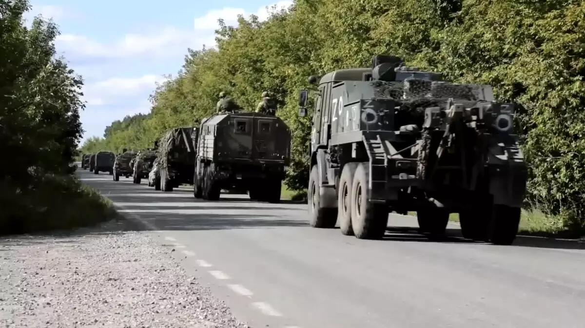 A still image from a video, released by the Russian Defence Ministry, shows what it said to be a Russian military convoy heading towards the frontline in Ukraine’s Kharkiv region, at an unidentified location in the course of the Russia-Ukraine conflict, in this still image taken from a handout video released September 9, 2022. Russian Defence Ministry/Handout via REUTERS