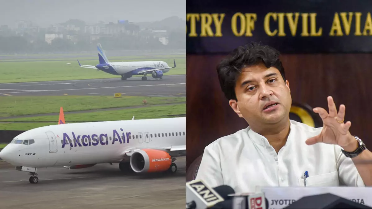 (R) Aviation Minister Jyotiraditya Scindia and (L) a flight of Akasa Air about to take off (PTI)