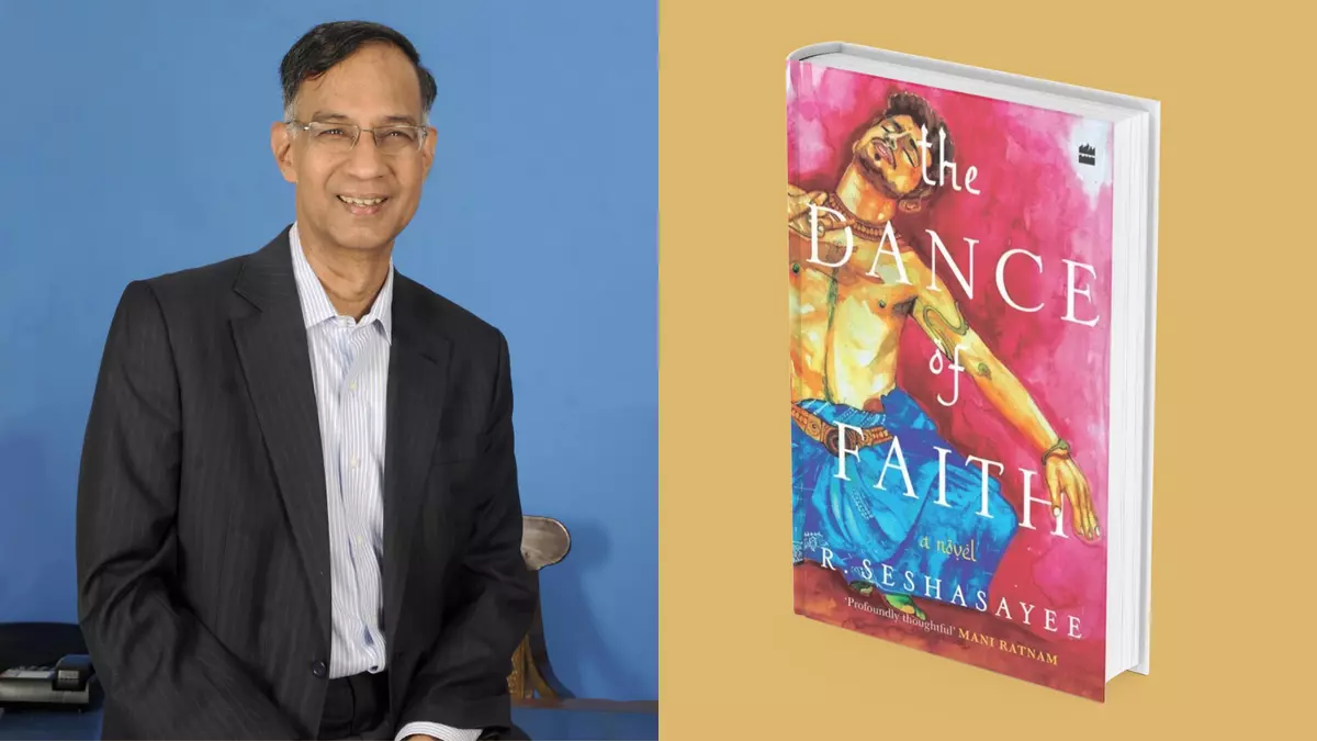 R Seshasayee, Vice Chairman, Hinduja Group and the book cover image of his novel ‘The Dance of Faith’