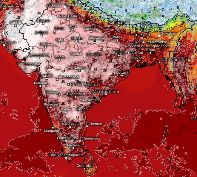 Maps show how the footprint of oppressive heat (in white and ash blue) may build over the Sindh province in Pakistan and spread East across the border to West Rajasthan and neighbourhood till the end of this month Maps show how the footprint of oppressive heat (in white and ash blue) may build over the Sindh province in Pakistan and spread East across the border to West Rajasthan and neighbourhood till the end of this month