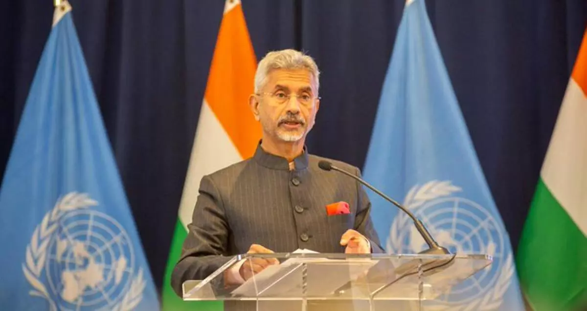 External Affairs Minister S Jaishankar addresses during a special ‘India@75’ debate on the sidelines of UNGA summit. (PTI)