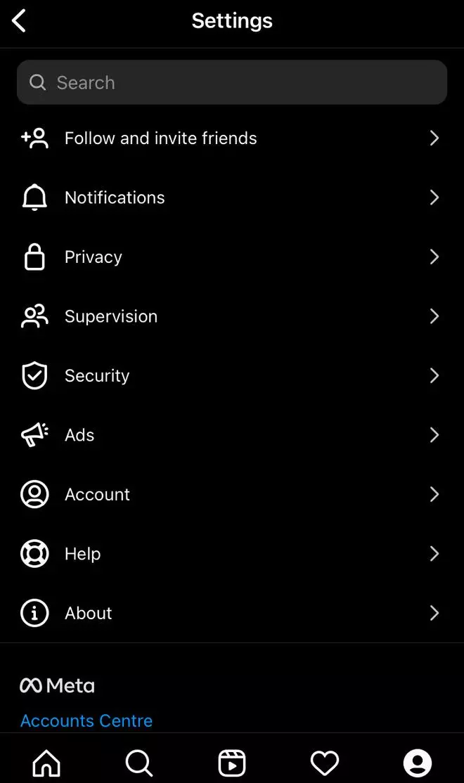 Settings options on Instagram.