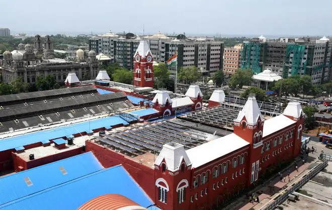 The Moore Market Complex suburban station adjacent to the Puratchi Thalaivar Dr MGR Chennai Central railway station with the solar panels on the rooftop of the platforms (B Jothi Ramalingam/The Hindu) The Moore Market Complex suburban station adjacent to the Puratchi Thalaivar Dr MGR Chennai Central railway station with the solar panels on the rooftop of the platforms (B Jothi Ramalingam/The Hindu)