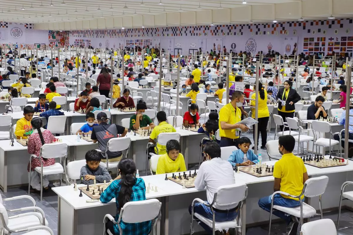 A test competition to assess the preparedness ahead of the 44th Chess Olympiad in Mamallapuram, Sunday, July 24, 2022. As many as 1414 players participated to earn a place in the Noble Book of World Records. (PTI)