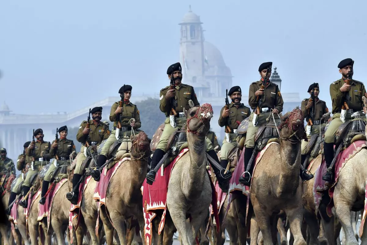 Camel mounted contingent of Border Security Force (BSF) marching past during a rehearsal for the upcoming Republic Day Parade 2023, at Kartavya Path in New Delhi on Saturday, January 21, 2023. (Photo: SHIV KUMAR PUSHPAKAR/The Hindu)