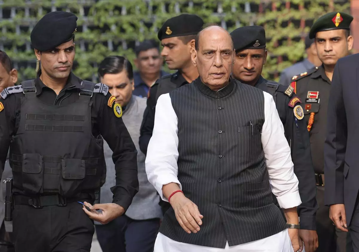 Defence Minister Rajnath Singh arrives for the convocation ceremony of National Defence College, in New Delhi