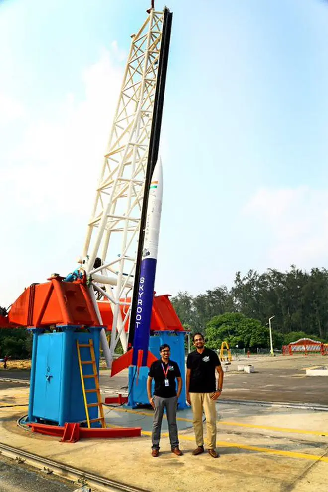 (L-R) Skyroot co-founders Pawan Chandana and Naga Bharath Daka with Vikram-S rocket in the background (L-R) Skyroot co-founders Pawan Chandana and Naga Bharath Daka with Vikram-S rocket in the background