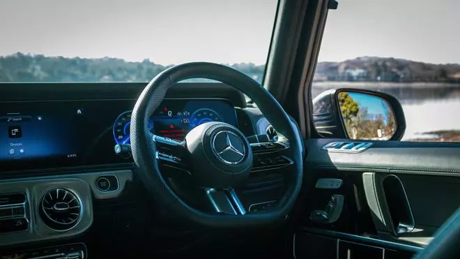 Electric luxury: The cabin is dominated by the new MBUX unit — comprising a digital driver display and a 12.3-inch touchscreen panel. The Burmester sound system makes you feel like you’re in the plushest G-Class cabin