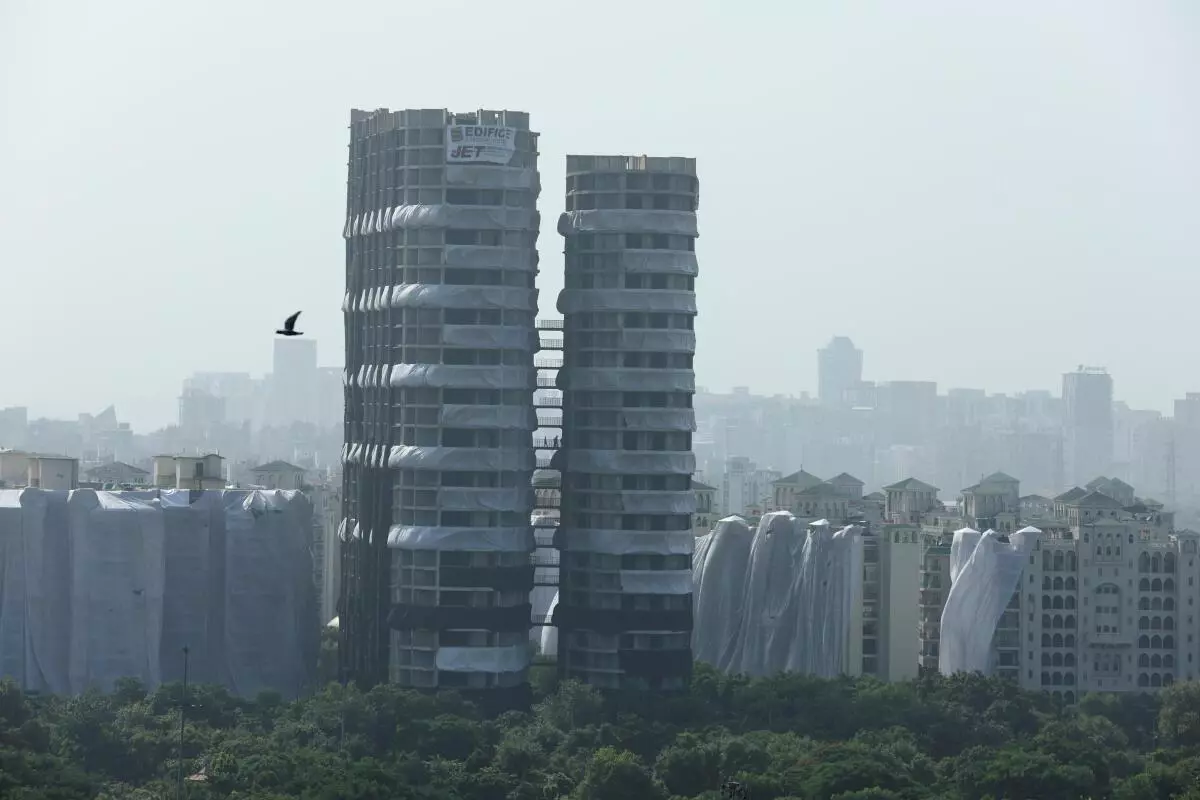 A view of Supertech Twin Towers ahead of its scheduled demolition by controlled explosion after the Supreme Court found them in violation of building norms, in Noida, India, August 28, 2022. REUTERS