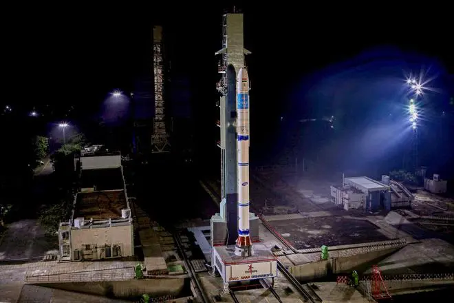 ISRO’s Small Satellite Launch Vehicle SSLV-D2 carrying EOS-07, Janus-1 and AzaadiSAT-2 satellites sits on a launch pad ahead of its launch, at the Satish Dhawan Space Centre in Sriharikota, Thursday, February 9, 2023. (PTI Photo) ISRO’s Small Satellite Launch Vehicle SSLV-D2 carrying EOS-07, Janus-1 and AzaadiSAT-2 satellites sits on a launch pad ahead of its launch, at the Satish Dhawan Space Centre in Sriharikota, Thursday, February 9, 2023. (PTI Photo)