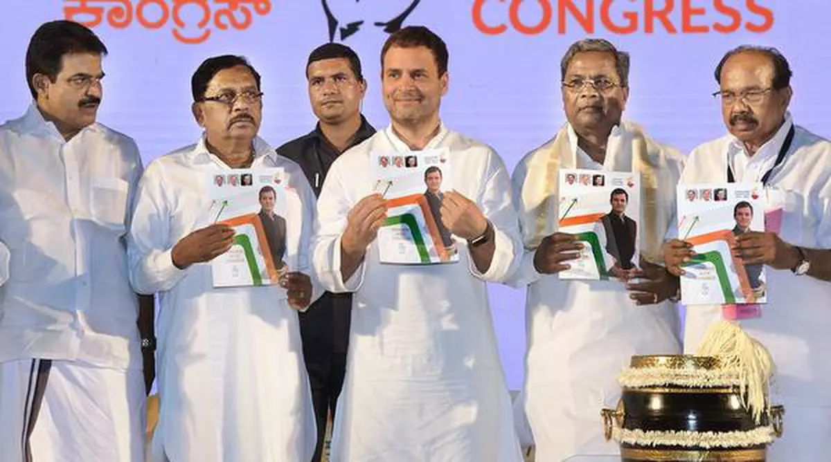 AICC president Rahul Gandhi releasing the manifesto of the Congress party   in Mangaluru on Friday. (from left) KC Venugopal, AICC General Secretary in-charge, Karnataka; KPCC president G Parameshwara, Karnataka Chief Minister Siddaramaiah; and Manifesto Committee Chairman M Veerappa Moily are also seen