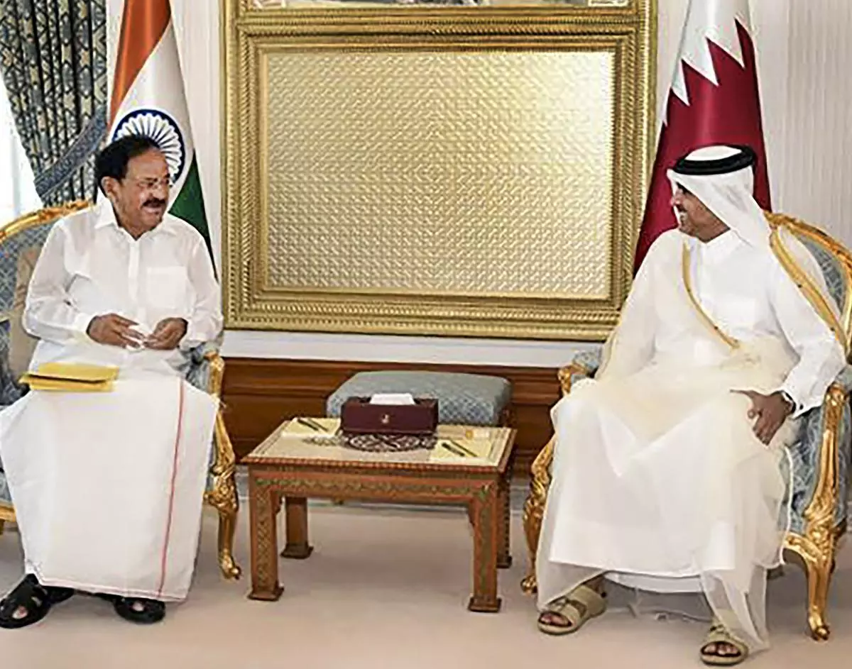 Doha: Vice President M. Venkaiah Naidu meets Prime Minister of Qatar Sheikh Khalid bin Khalifa bin Abdulaziz Al Thani, in Doha, Qatar. 