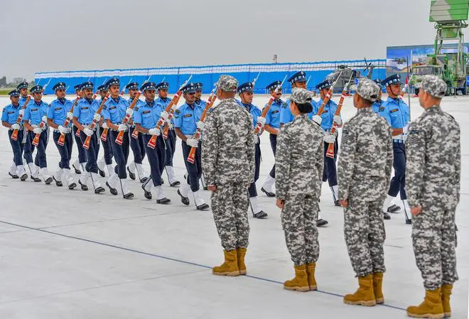 Air Force personnel during 90th anniversary celebrations of Indian Air Force (IAF), at the Air Force Station in Chandigarh, Saturday, October 8, 2022. (PTI( Air Force personnel during 90th anniversary celebrations of Indian Air Force (IAF), at the Air Force Station in Chandigarh, Saturday, October 8, 2022. (PTI(