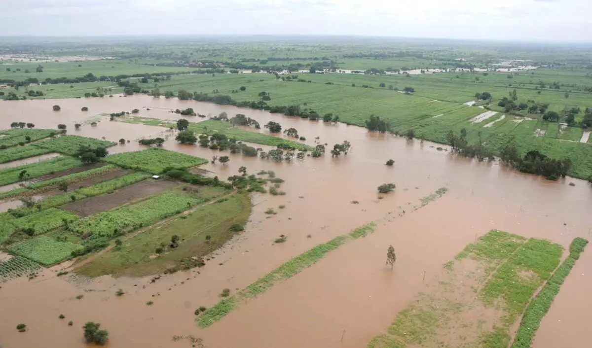This file photo shows an aerial view of the flood-affected crop areas of Karnataka. 