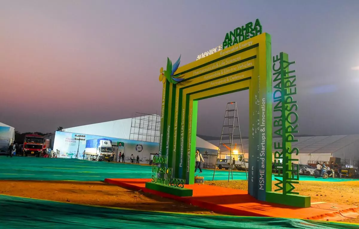 The entrance arch to the venue of the two-day ‘Global Investors Summit 2023’ at Andhra University engineering college grounds in Visakhapatnam. (Photo: KR Deepak/The Hindu)