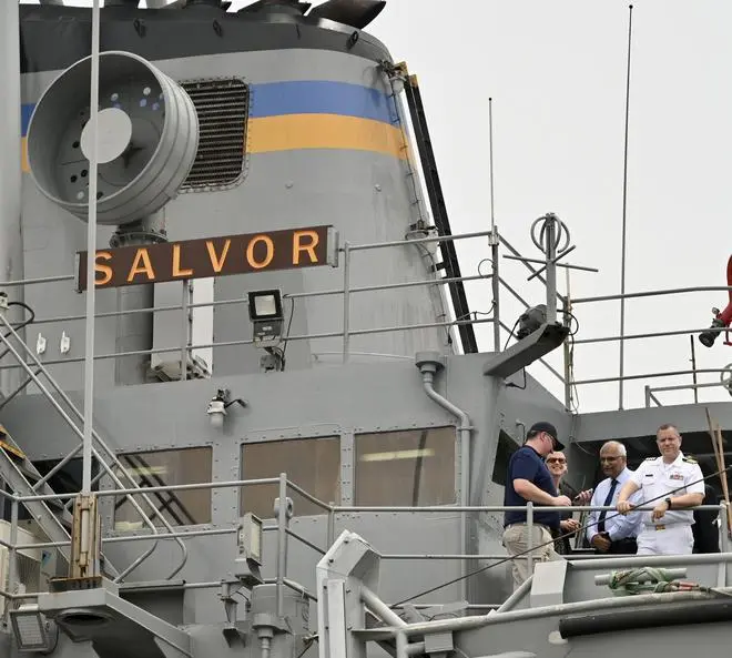 Arun Ramchandani, Executive Vice President and Head- Defence IC, L&T and Capt Farmer of the US Navy on board the USNS Salvor ship docked at L&T Shipyard at Kaatupalli Port for voyage repairs. Arun Ramchandani, Executive Vice President and Head- Defence IC, L&T and Capt Farmer of the US Navy on board the USNS Salvor ship docked at L&T Shipyard at Kaatupalli Port for voyage repairs.