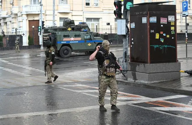 Fighters of Wagner private mercenary group are deployed in a street near the headquarters of the Southern Military District in the city of Rostov-on-Don, Russia, June 24, 2023. REUTERS Fighters of Wagner private mercenary group are deployed in a street near the headquarters of the Southern Military District in the city of Rostov-on-Don, Russia, June 24, 2023. REUTERS