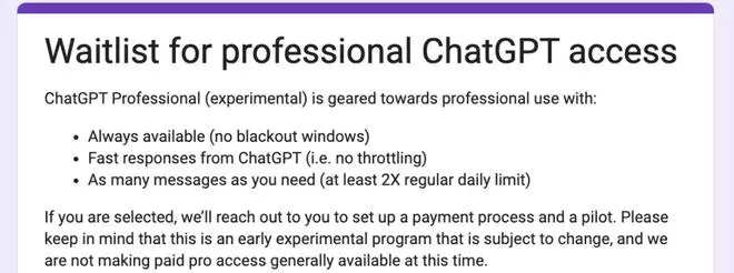 ChatGPT Professional waitlist