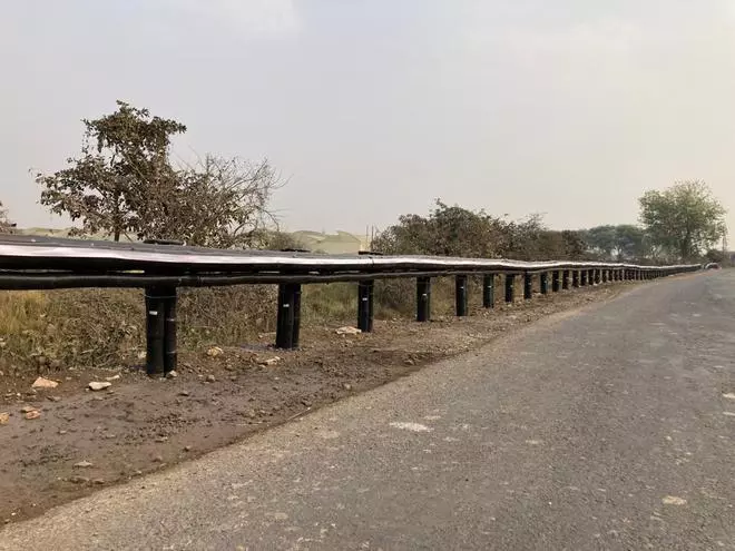 A view of the 200-meter-long bamboo crash barrier on a highway connecting Chandrapur and Yavatmal districts in Maharashtra