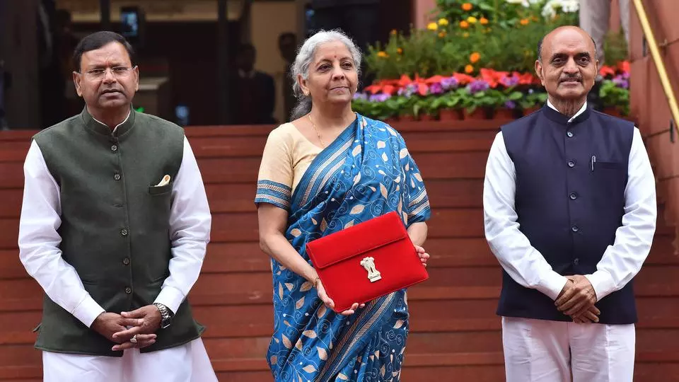 Union Minister for Finance and Corporate Affairs Nirmala Sitharaman along with the Ministers of State for Finance Pankaj Chaudhary and Dr Bhagwat Kishanrao Karad in the Parliament House on February 01, 2024