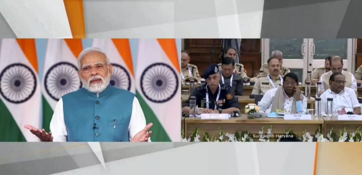 Prime Minister Narendra Modi addresses ‘Chintan Shivir’ of Home Ministers of States in Surajkund, via video conferencing, in New Delhi, Friday, October 28, 2022. (PTI Photo)