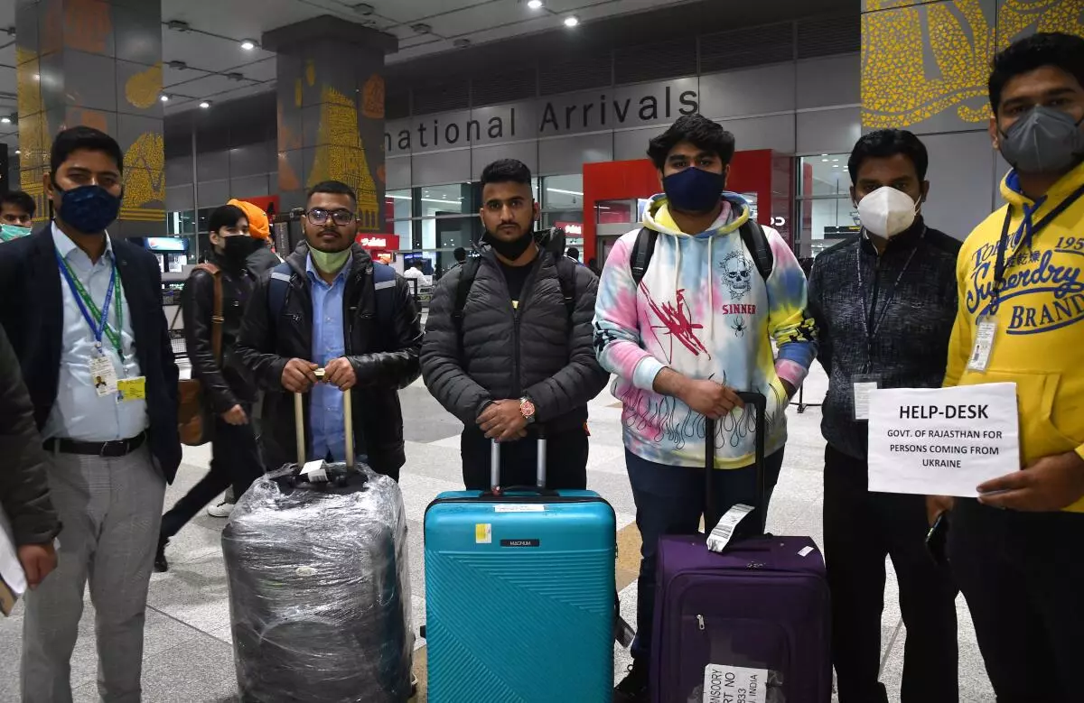 Indian nationals students coming out from the Indira Gandhi International Airport on their arrival from Ukraine amid rising Russia-Ukraine tension on Tuesday