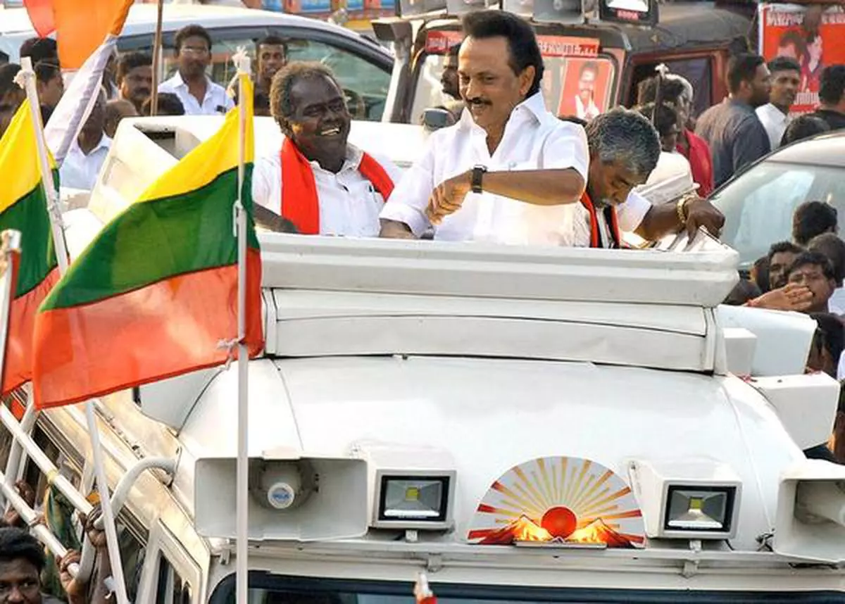 DMK President MK Stalin campaigns   at Tiruvarur on Tuesday