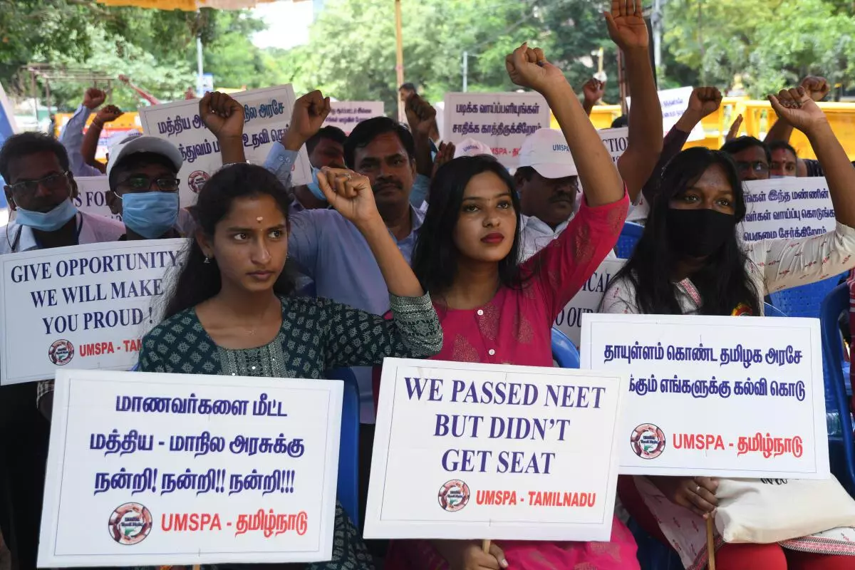 Students who returned from Ukraine stage one-day token fasting in Chennai on Wednesday demanding MBBS seats in the medical colleges. (Raghunathan SR/The Hindu)