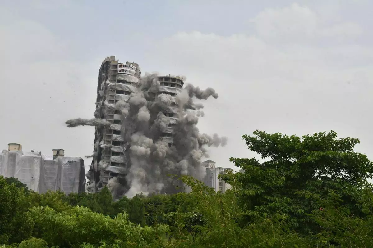 Twin Tower being demolished with the help of Explosives at Noida on Sunday, August 28, 2022. 