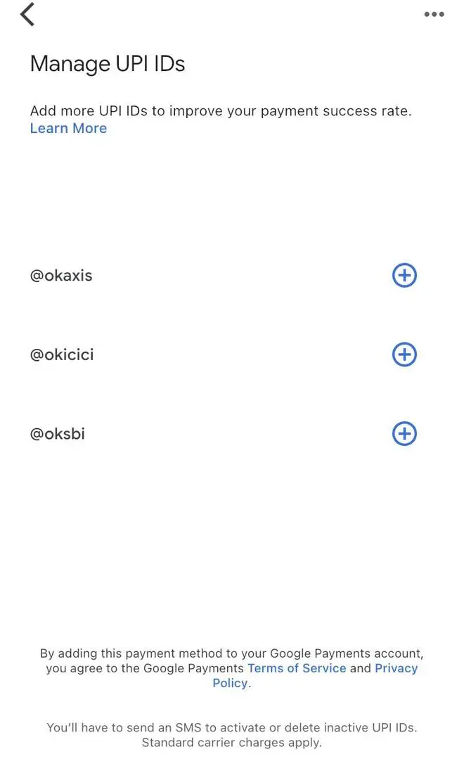 Manage UPI IDs page in GPay Manage UPI IDs page in GPay
