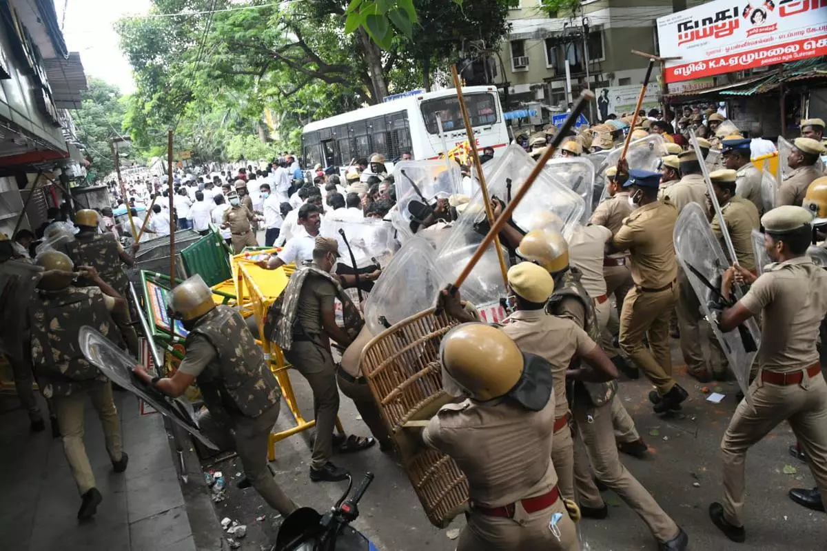 Police trying to control the clashing AIADMK groups at Royapettah on Monday