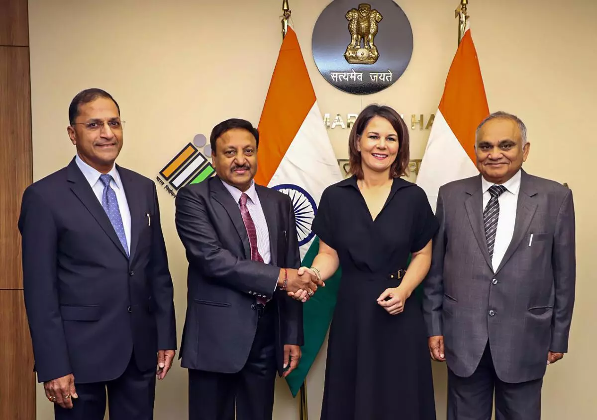 Minister for Foreign Affairs of Germany Annalena Baerbock with Chief Election Commissioner Rajiv Kumar and Election Commissioners Anup Chandra Pandey and Arun Goel during her visit to Election Commission office, in New Delhi, Tuesday, December 6, 2022. (PTI Photo)